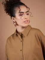 Women Brown Cotton Poplin Oversized Shirt