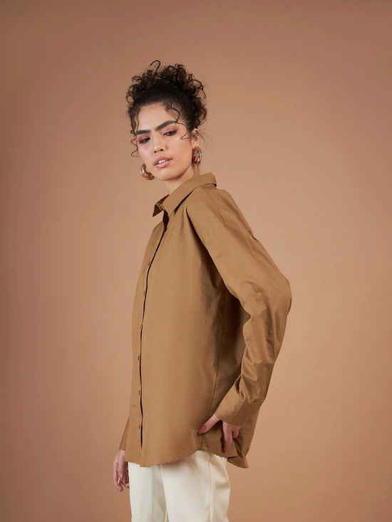 Women Brown Cotton Poplin Oversized Shirt