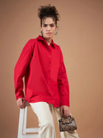 Women Red Cotton Poplin Oversized Shirt