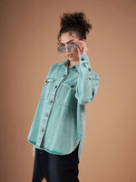 Women Solid Standard Green Collared Neck Full Sleeve Jacket