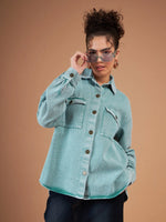 Women Solid Standard Green Collared Neck Full Sleeve Jacket