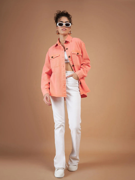 Women Solid Standard Orange Collared Neck Full Sleeve Jacket