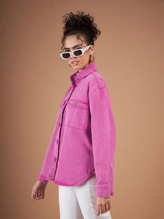 Women Solid Standard Pink Collared Neck Full Sleeve Jacket