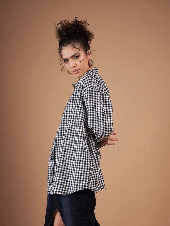 Women Black & White Yarn Dyed Check Oversized Shirt