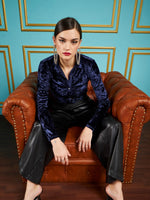 Women Navy Velvet Ruched Shirt