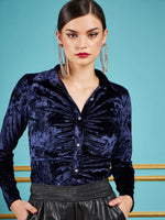 Women Navy Velvet Ruched Shirt