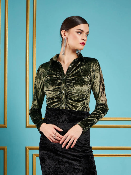 Women Olive Velvet Ruched Shirt