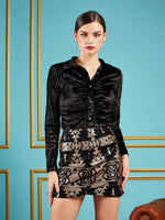 Women Black Velvet Ruched Shirt