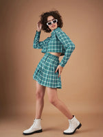 Women Green Yarndyed Check Crop Shirt With Mini Skirt