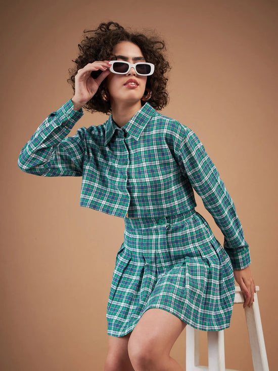 Women Green Yarndyed Check Crop Shirt With Mini Skirt