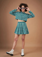 Women Green Yarndyed Check Crop Shirt With Mini Skirt