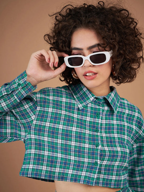 Women Green Yarndyed Check Crop Shirt With Mini Skirt