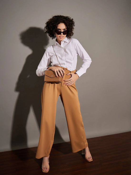 Women White Poplin Pleated Fold Slim Waist Shirt