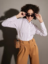 Women White Poplin Pleated Fold Slim Waist Shirt