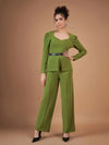 Women Green Belted Peplum Top With Darted Straight Pants