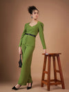 Women Green Belted Peplum Top With Darted Straight Pants