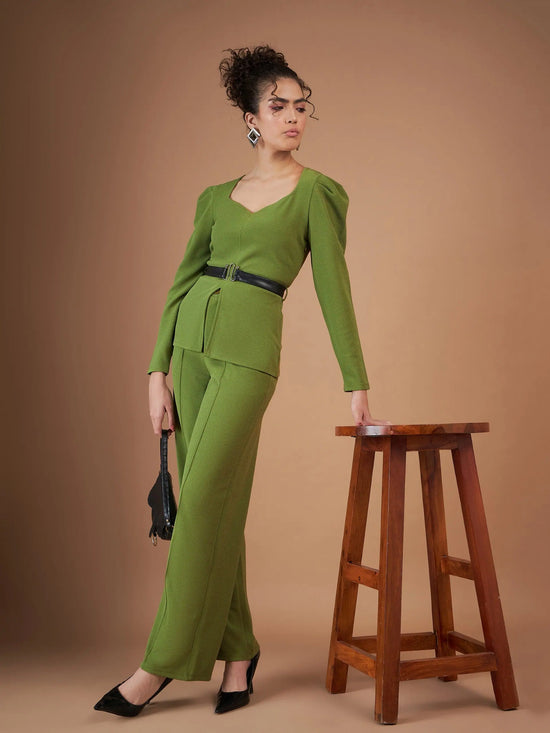 Women Green Belted Peplum Top With Darted Straight Pants