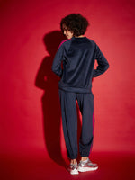 Women Navy Velour Tape Detail Sweatshirt With Joggers