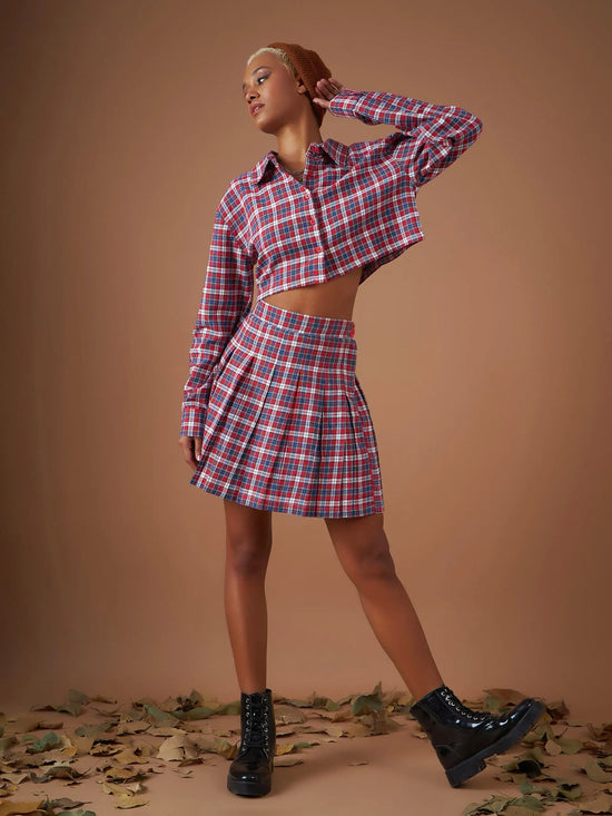 Women Red Yarndyed Check Crop Shirt With Mini Skirt