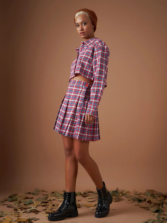 Women Red Yarndyed Check Crop Shirt With Mini Skirt