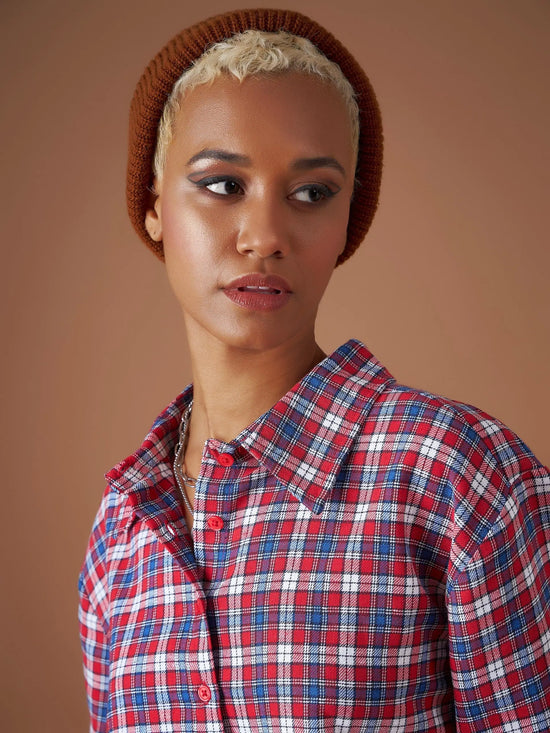 Women Red Yarndyed Check Crop Shirt With Mini Skirt