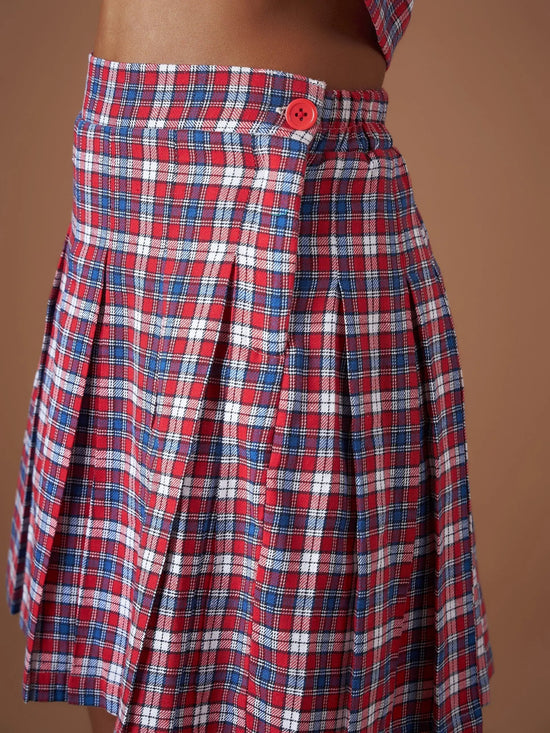 Women Red Yarndyed Check Crop Shirt With Mini Skirt