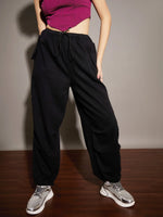 Women Black Twill Pleated Knee Cargo Pants