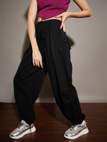 Women Black Twill Pleated Knee Cargo Pants