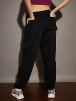 Women Black Twill Pleated Knee Cargo Pants