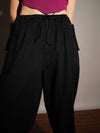 Women Black Twill Pleated Knee Cargo Pants