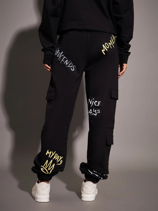 Women Black Lovely Fun Club Printed Joggers