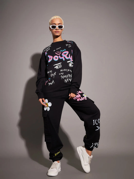 Women Black Lovely Fun Club Printed Joggers