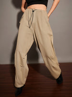 Women Beige Twill Pleated Knee Cargo Pants