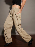 Women Beige Twill Pleated Knee Cargo Pants