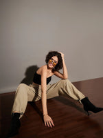 Women Beige Twill Pleated Knee Cargo Pants