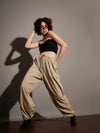 Women Beige Twill Pleated Knee Cargo Pants