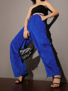 Women Royal Blue Pleated Knee Corduroy Cargo Pants