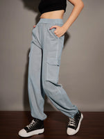 Women Light Blue Twill Multi Pocket Cargo Pants