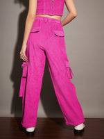 Women Pink Corduroy Multi Pocket Cargo Pants