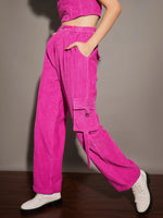 Women Pink Corduroy Multi Pocket Cargo Pants