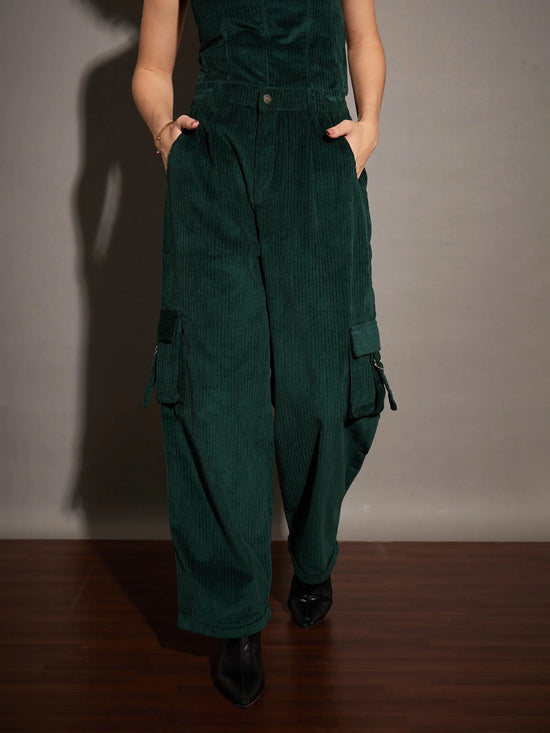 Women Emerald Corduroy Multi Pocket Cargo Pants