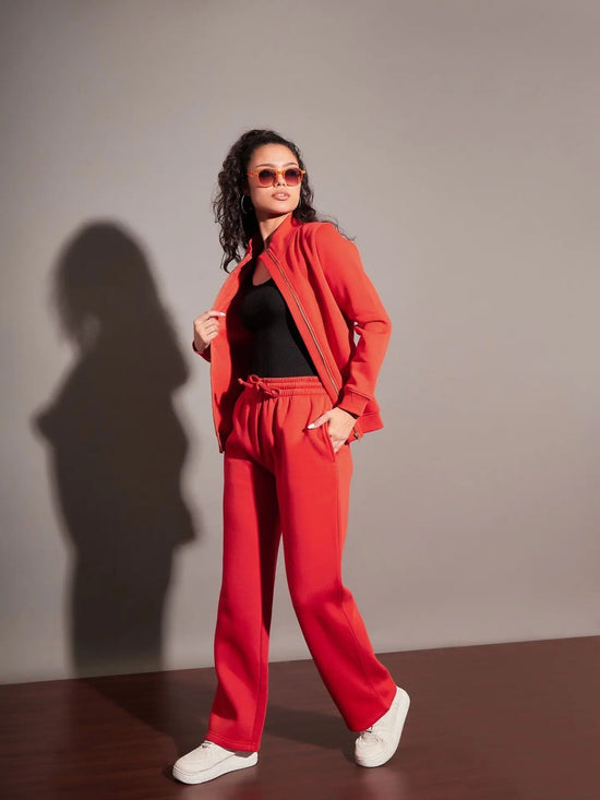 Women Red Fleece Track Pants