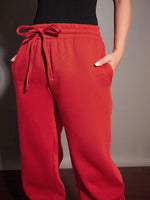 Women Red Fleece Baggy Joggers