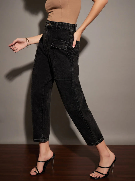 Women Black Washed Balloon Fit Jeans