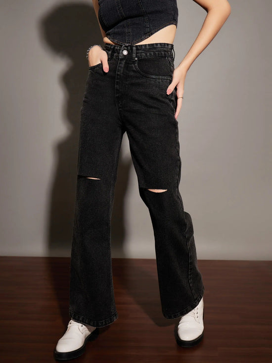 Women Black Washed Knee Slit Straight Jeans