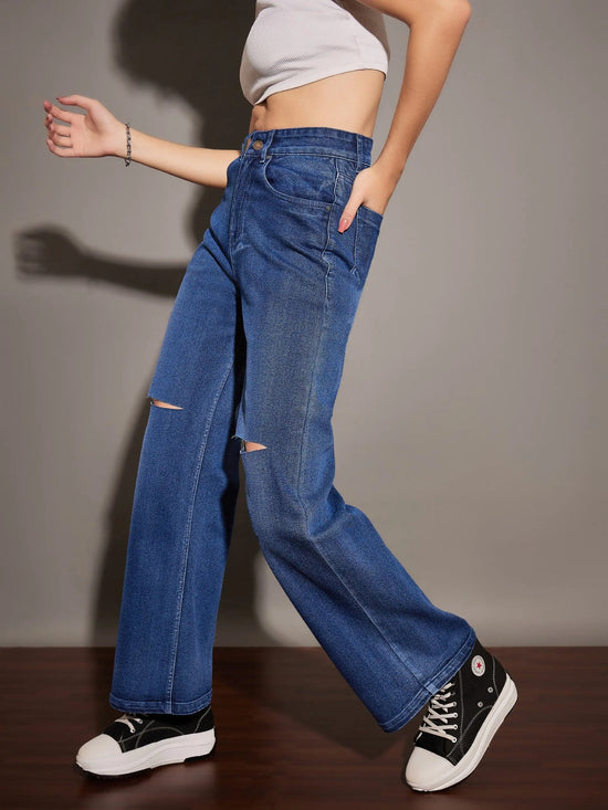 Women Classic Blue Knee Slit Straight Jeans