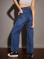 Women Classic Blue Knee Slit Straight Jeans