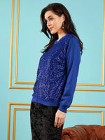 Women Embellished Standard Blue Full Sleeve Jacket