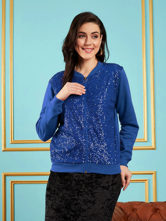 Women Embellished Standard Blue Full Sleeve Jacket