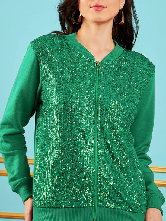 Women Embellished Standard Green Full Sleeve Jacket